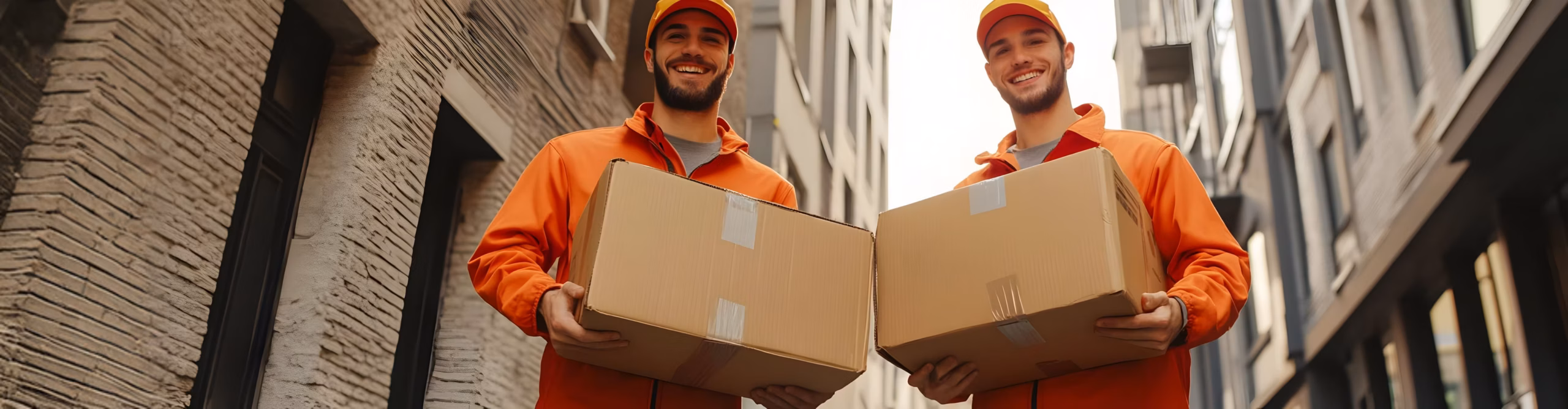 Two Top Grade Movers crew members carrying boxes down a city street